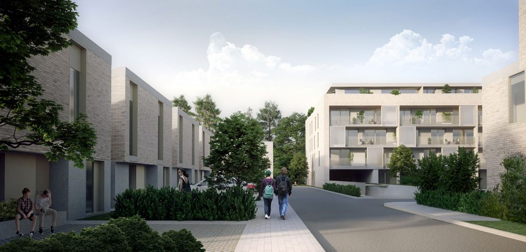 Image of an artist's impression of new homes estate, showcasing modern architecture and a serene atmosphere.