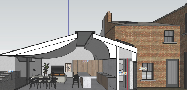 Image of a digital drawing of a modern house with a spacious kitchen and dining area.