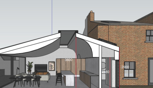 Image of a digital drawing of a modern house with a spacious kitchen and dining area.